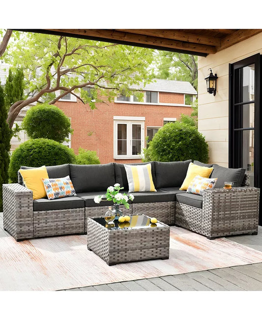 Patio Furniture Set,6 Piece Outdoor Sectional Sofa Couch Set,Patio Conversation Set with Modular Wicker Chairs,Widened Armrest,Side Table,Orange Red