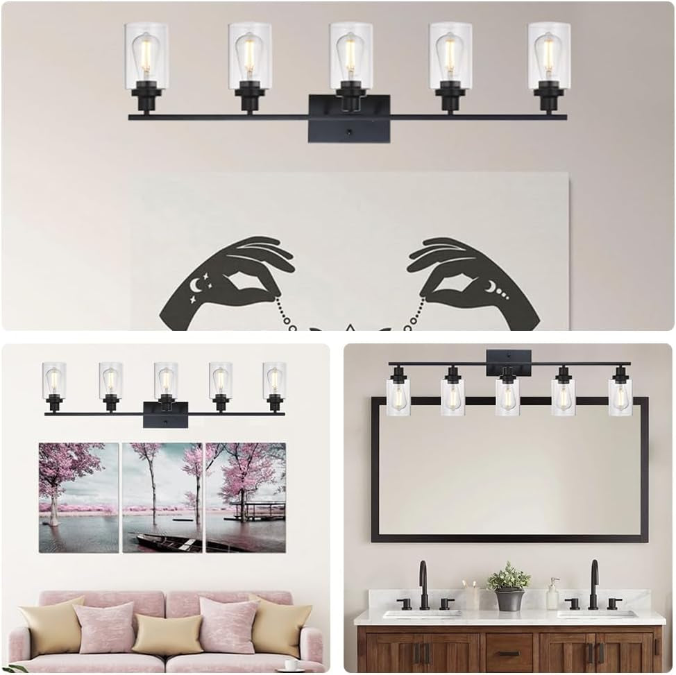 40 Inches Length 5-Light Bathroom Vanity Light Fixtures Black Industrial Wall Sconce Lighting with Clear Glass Shade for Living Room Bedroom Hallway Kitchen (Patent No.: US D963914 S)