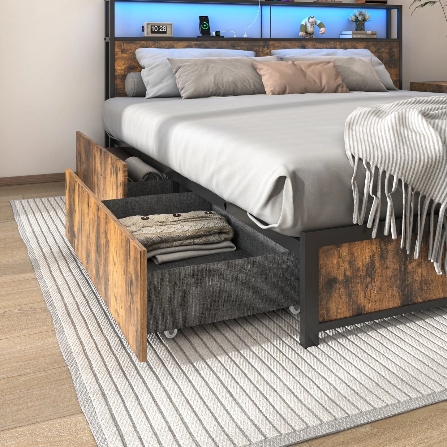 King Size Bed Frame with LED Light & Outlets USB Ports, Metal Platform Bed with Storage Headboard & 4 Large Drawers, No Box Spring Needed