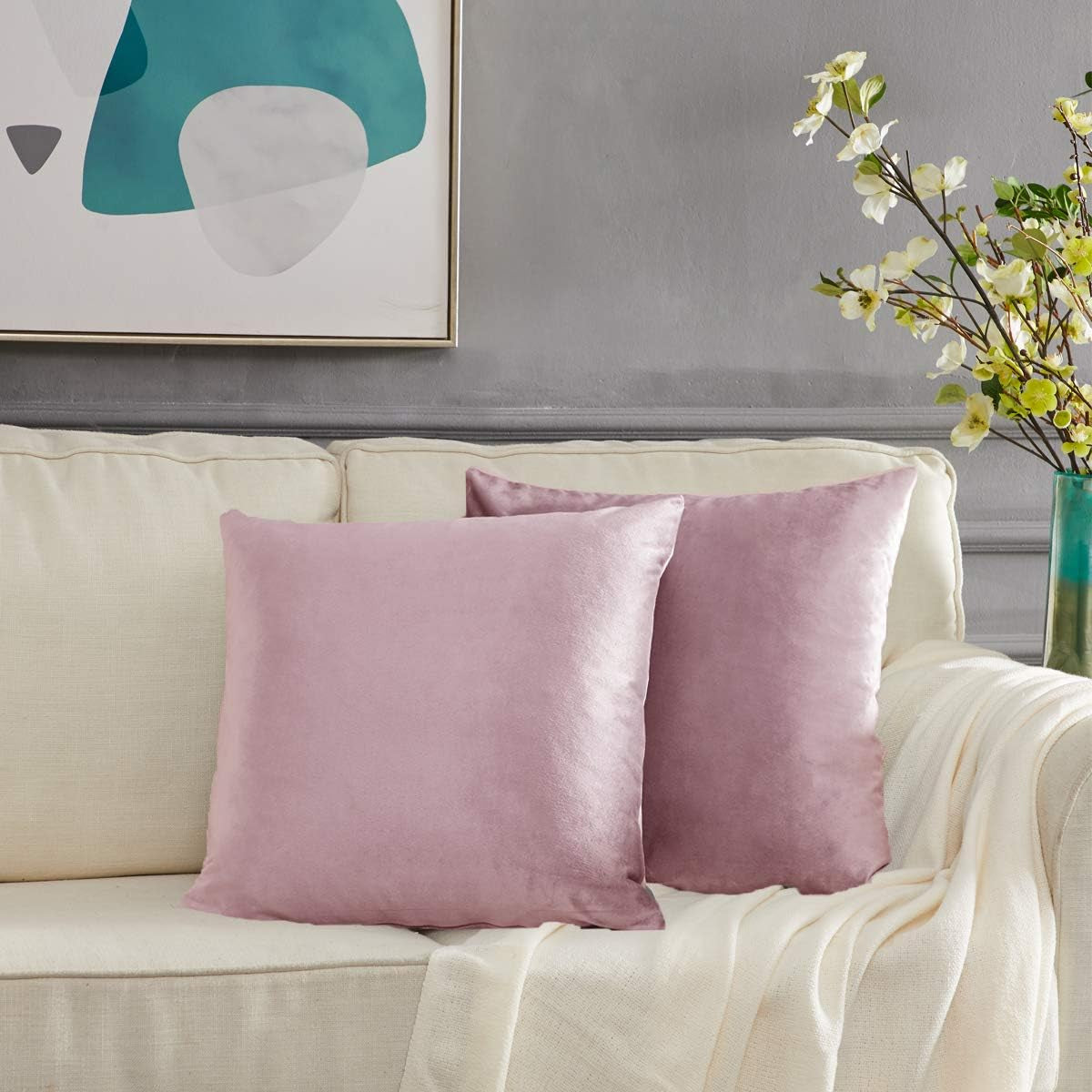 Decorative Throw Pillow Covers 16X16,Set of 2 Sweet Lilac Square Couch Pillow Covers,Velvet Sofa Boho Cushion Pillows