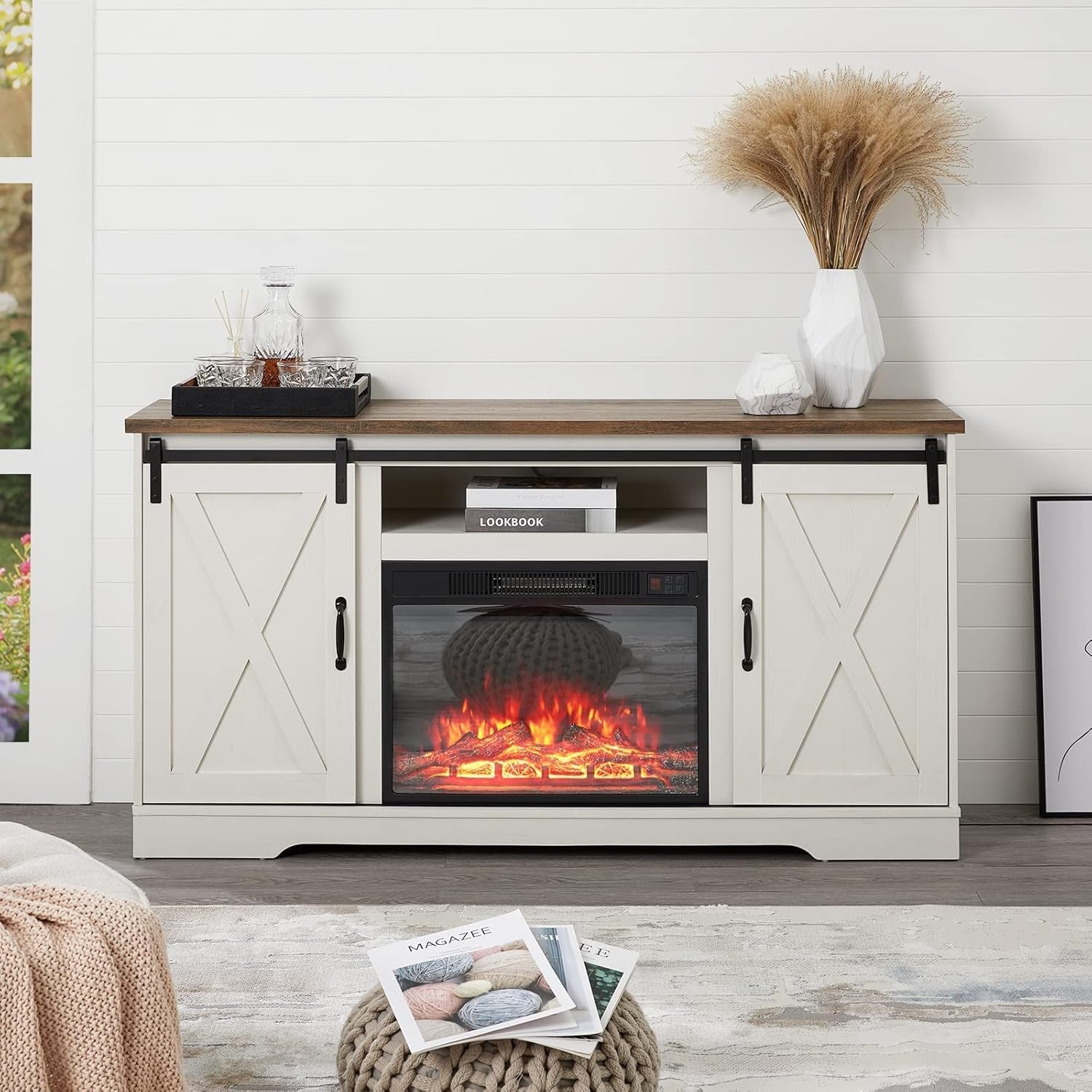 Fireplace TV Stand with Sliding Barn Door for Tvs up to 65", Farmhouse 59" Fireplace Entertainment Center with Storage Cabinets/Adjustable Shelves, Distressed White & Barnwood