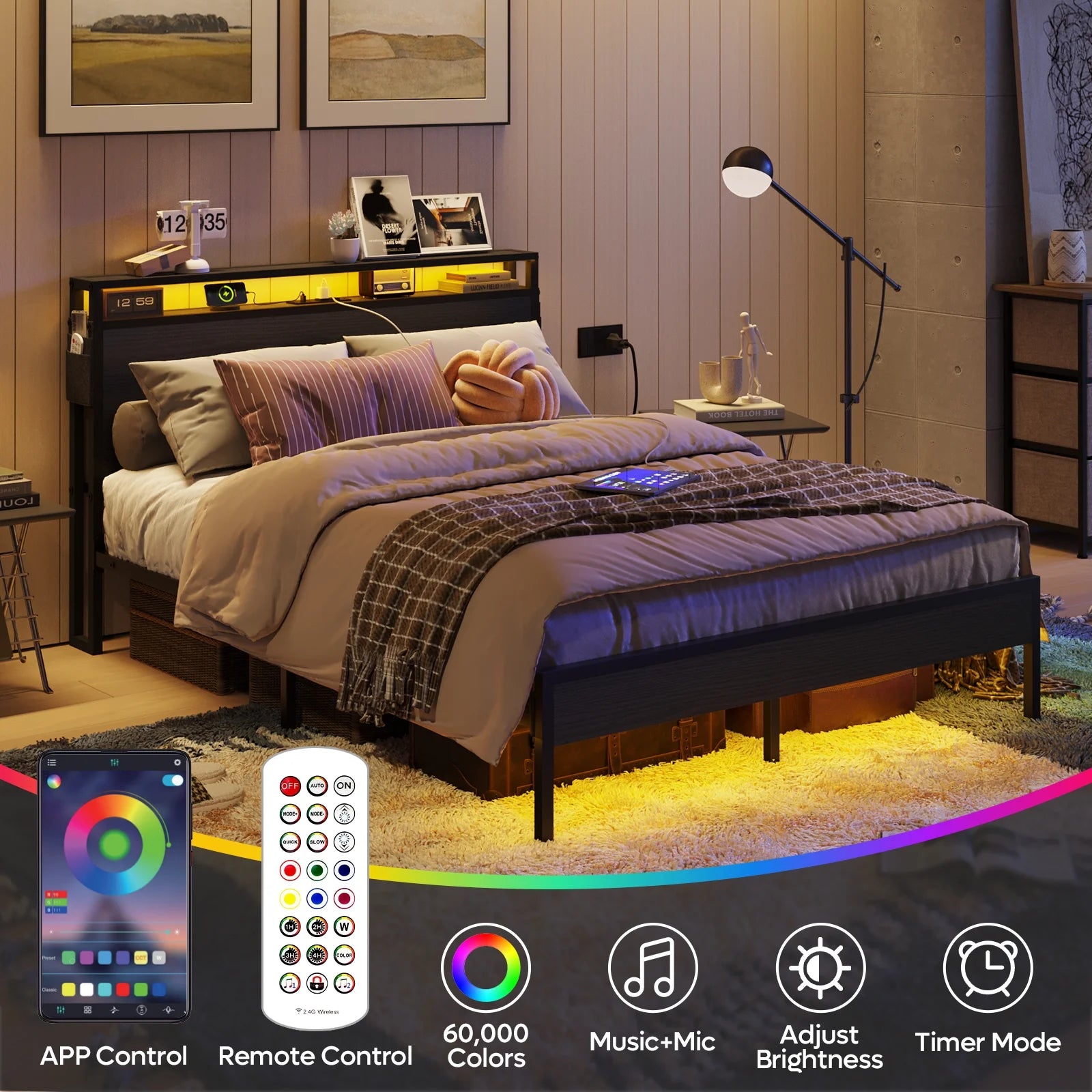 Full Size Bed Frame with Charging Station and 2 USB Ports and Outlets,Led Light Storage Headboard,Noise Free Design, Black