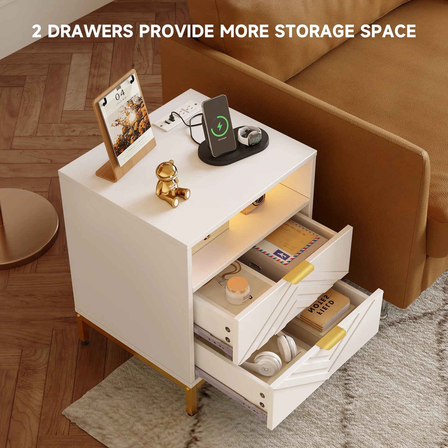 LED Nightstand with 2 Drawers, Charging Station, White Modern Night Table High Gloss End Side Table for Bedroom