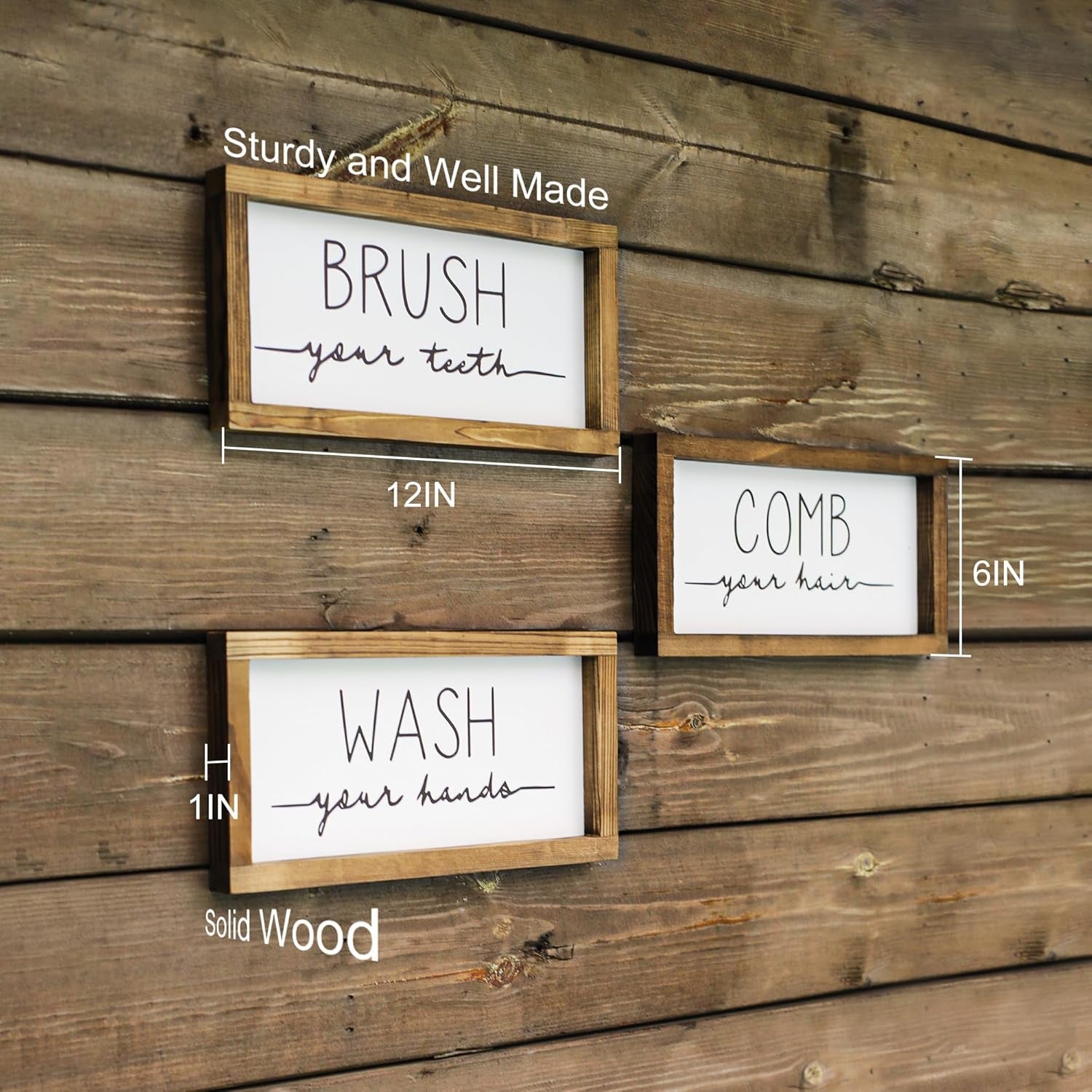 Bathroom Sign & Plaque (Set of 3) Wash Your Hands Brush Your Teeth Comb Your Hair Decorative Rustic Wood Farmhouse Bathroom Wall Decor (White)