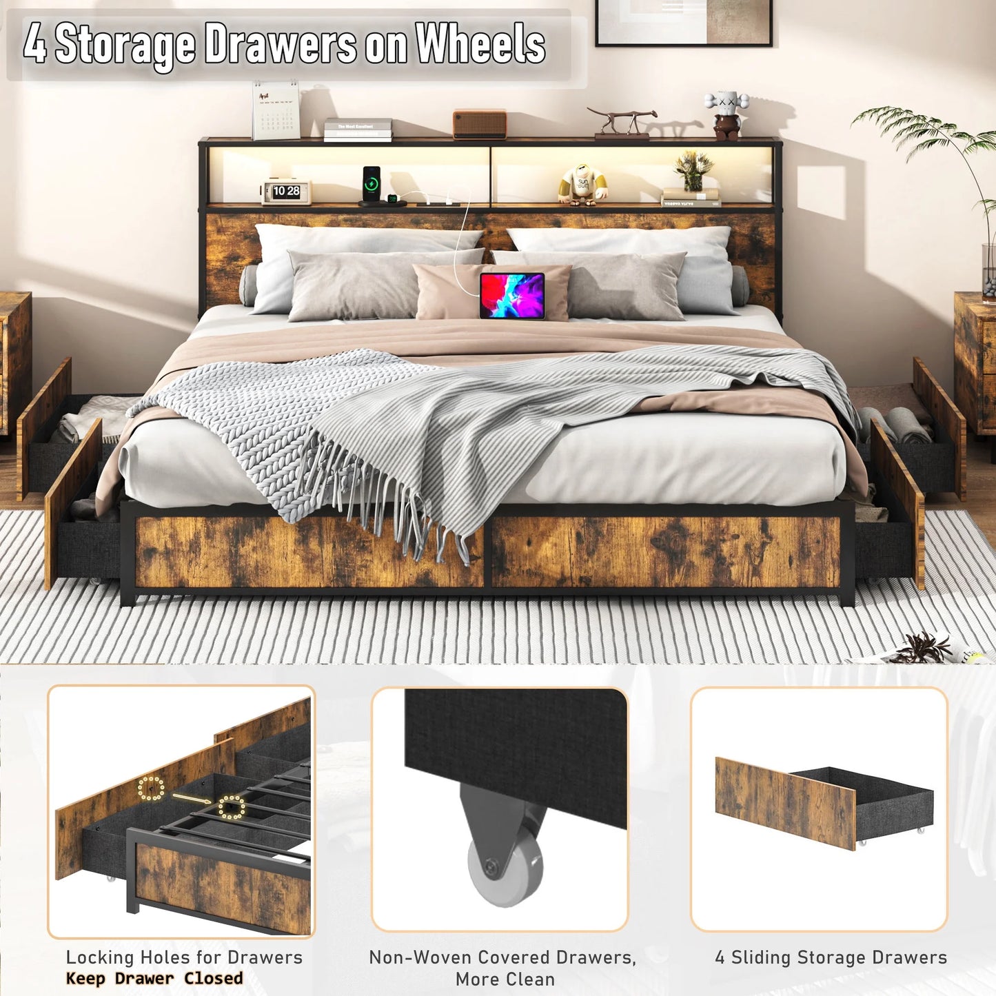 King Size Bed Frame with LED Light & Outlets USB Ports, Metal Platform Bed with Storage Headboard & 4 Large Drawers, No Box Spring Needed