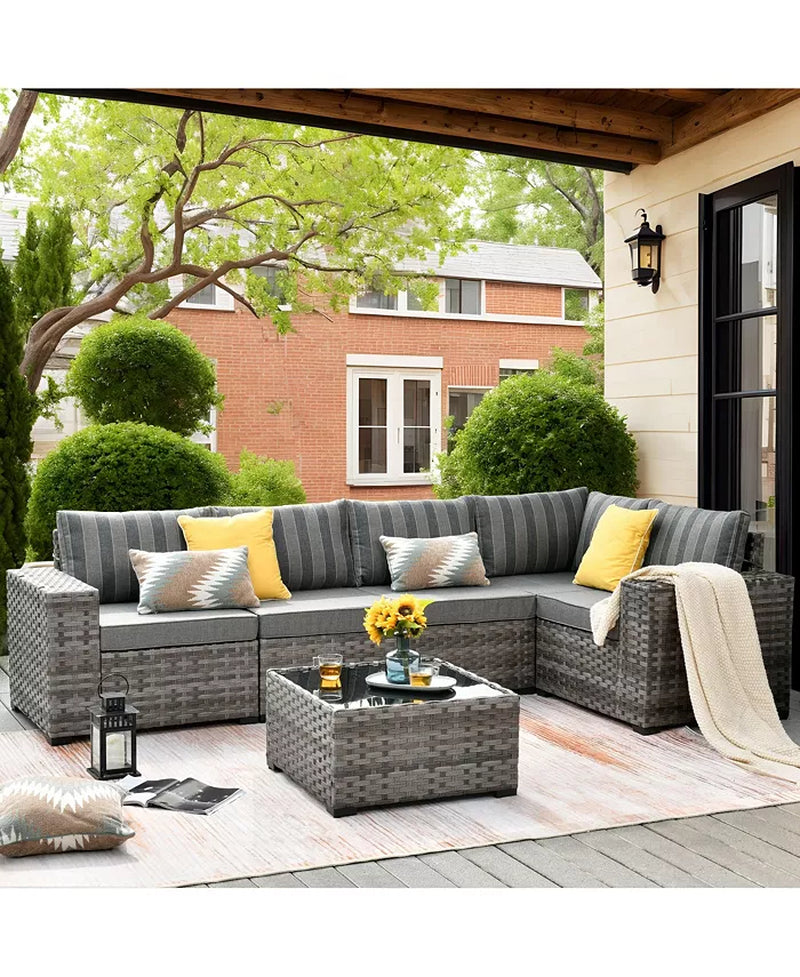 Patio Furniture Set,6 Piece Outdoor Sectional Sofa Couch Set,Patio Conversation Set with Modular Wicker Chairs,Widened Armrest,Side Table,Orange Red