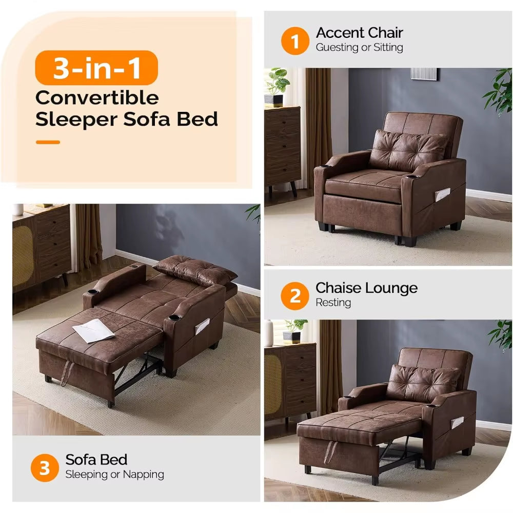 Sofa Bed Chair Recliner, 3-In-1 Convertible Sleeper Sofa Chair Bed Rustic Daybed Pull Out Couch Bed - NEW