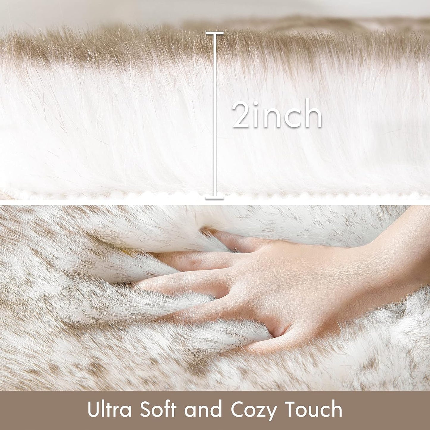 Faux Fur Rug, Fluffy Soft Faux Fox Fur Area Rugs for Bedroom Livingroom Kids Room Decor, Shaggy Fur Rugs Anti-Skid, White Brown, 3 X 5 Feet Rectangle