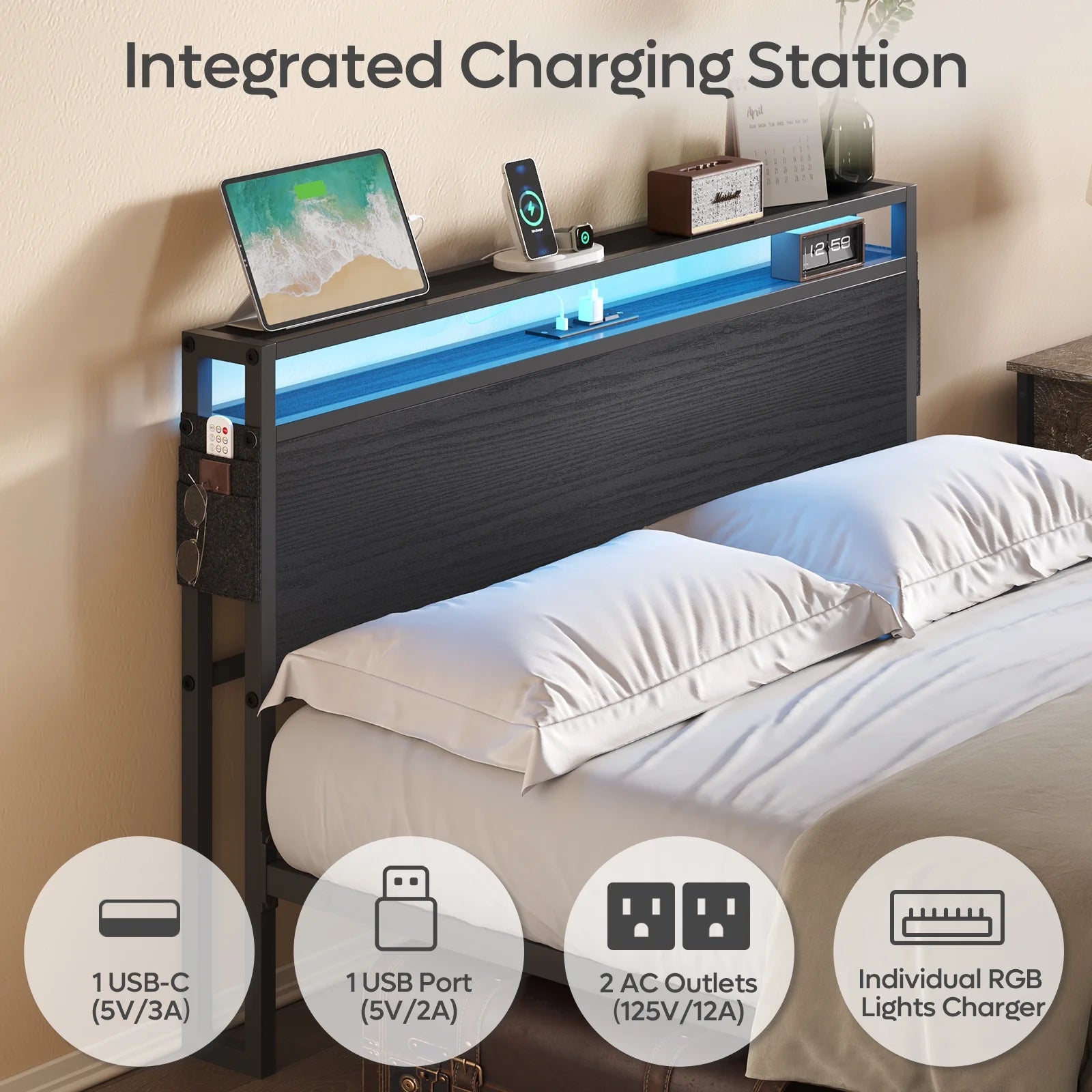 Full Size Bed Frame with Charging Station and 2 USB Ports and Outlets,Led Light Storage Headboard,Noise Free Design, Black