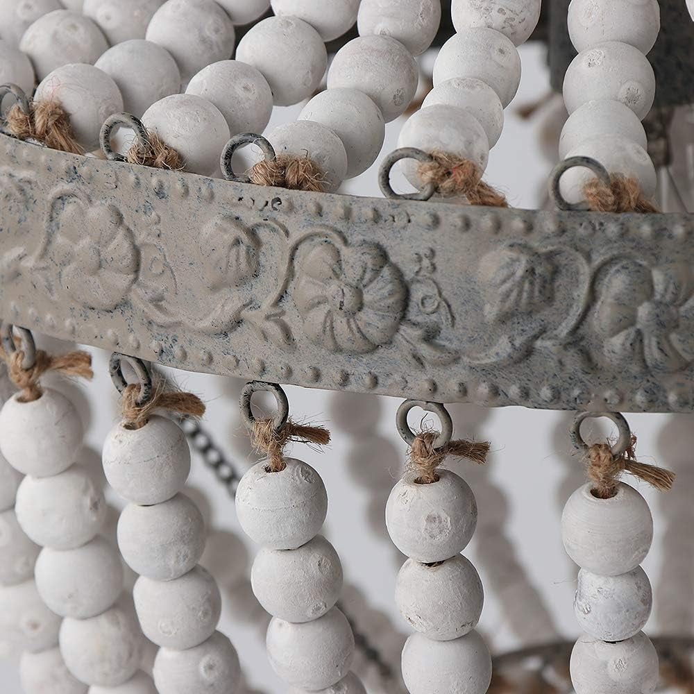 Wood Bead Chandelier Pendant Gray White Finishing Bohemian Boho Beachy Ceiling Lamp Light Fixtures (13.8 In*16.5In-Plug In)