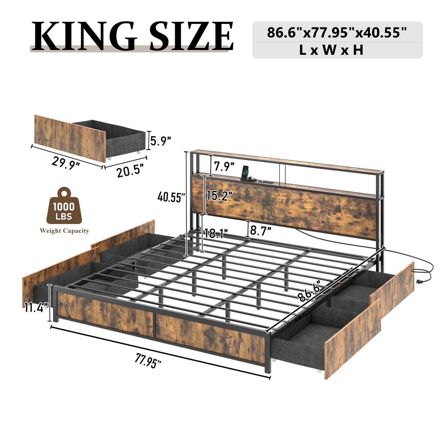 King Size Bed Frame with LED Light & Outlets USB Ports, Metal Platform Bed with Storage Headboard & 4 Large Drawers, No Box Spring Needed
