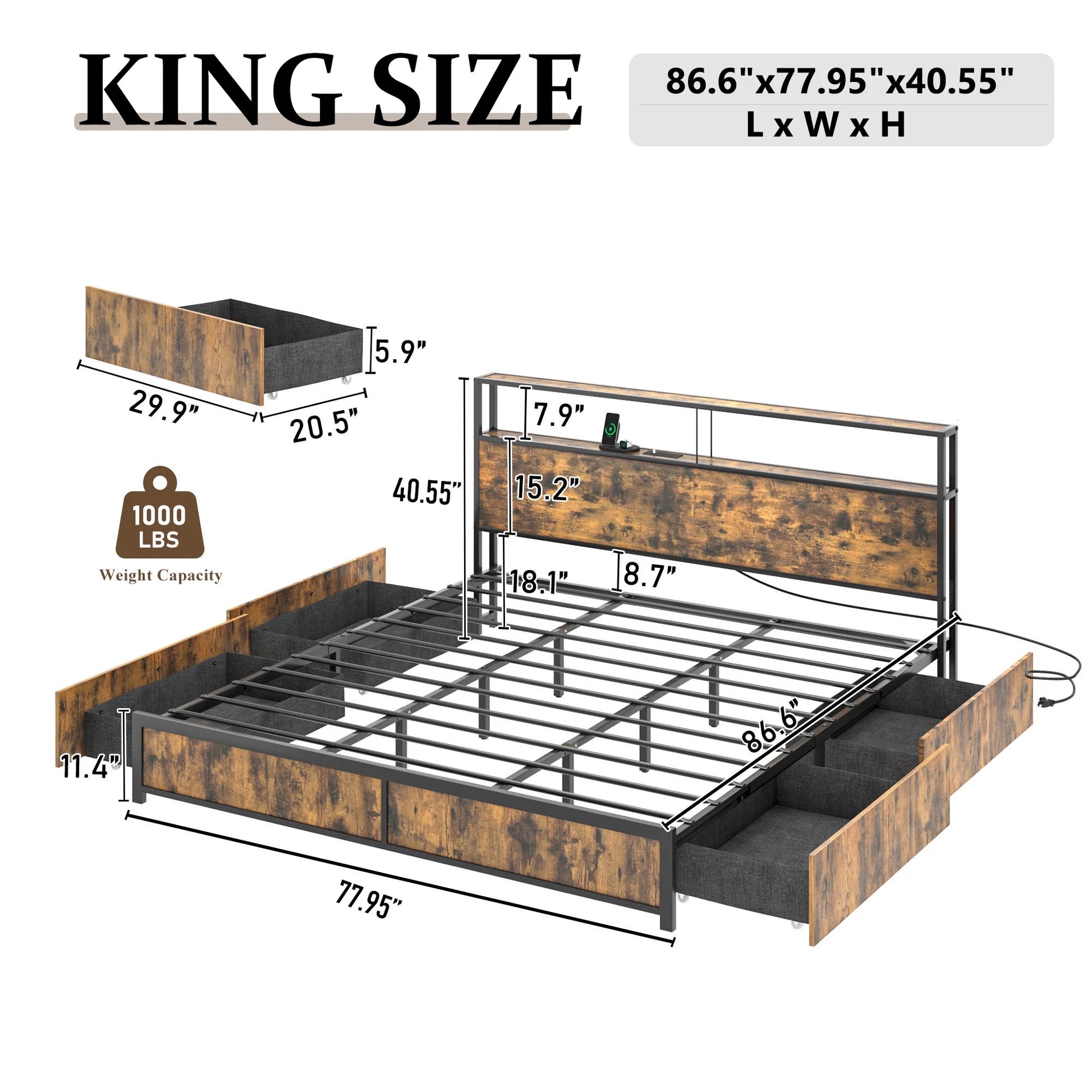 King Size Bed Frame with LED Light & Outlets USB Ports, Metal Platform Bed with Storage Headboard & 4 Large Drawers, No Box Spring Needed