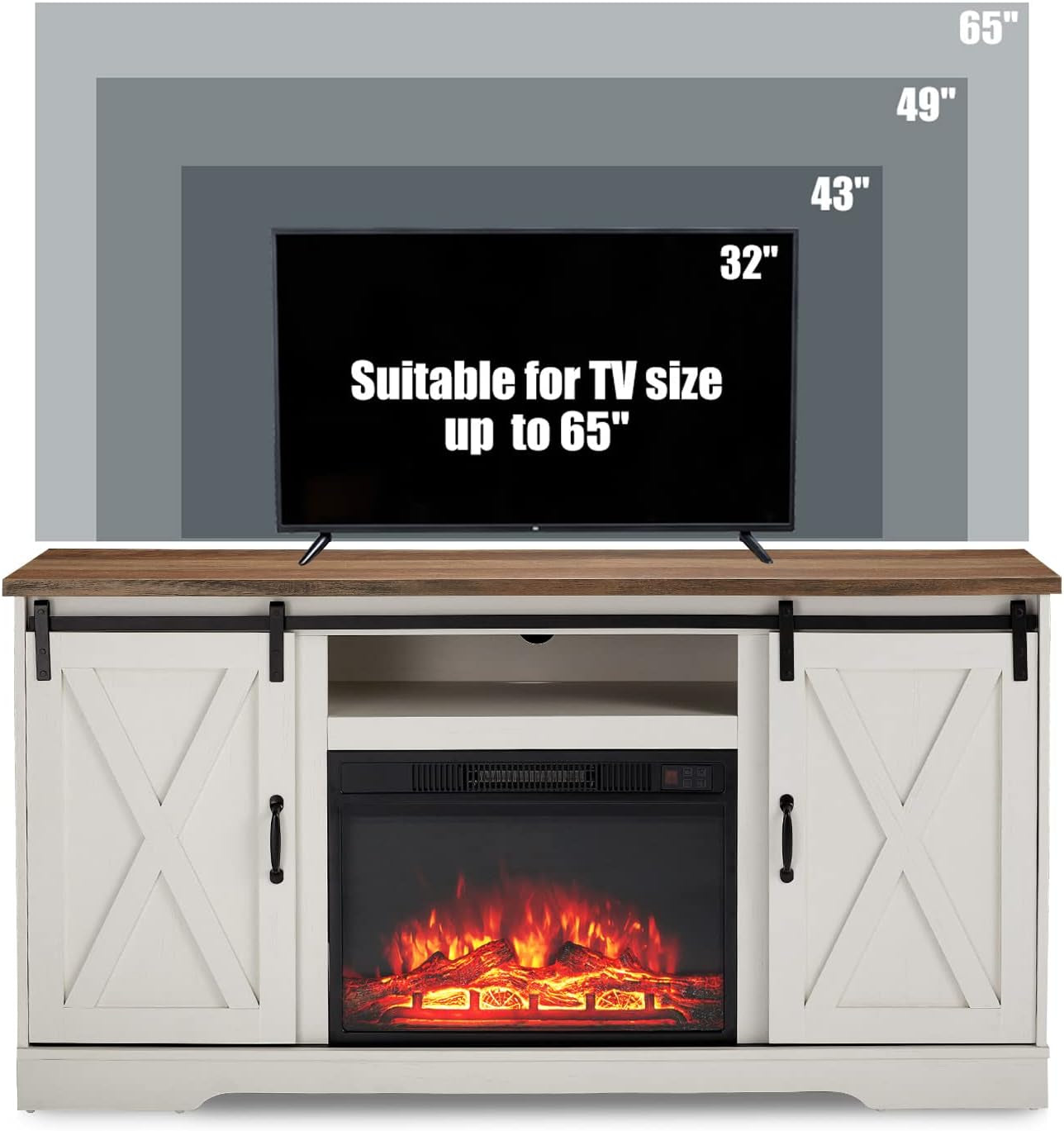 Fireplace TV Stand with Sliding Barn Door for Tvs up to 65", Farmhouse 59" Fireplace Entertainment Center with Storage Cabinets/Adjustable Shelves, Distressed White & Barnwood