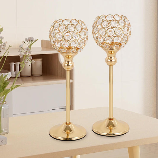 Set of 16 Gold Crystal Candle Holders for Elegant Wedding Centerpieces and Home Decor, Ideal for Fireplaces, Coffee Tables, and Mantles