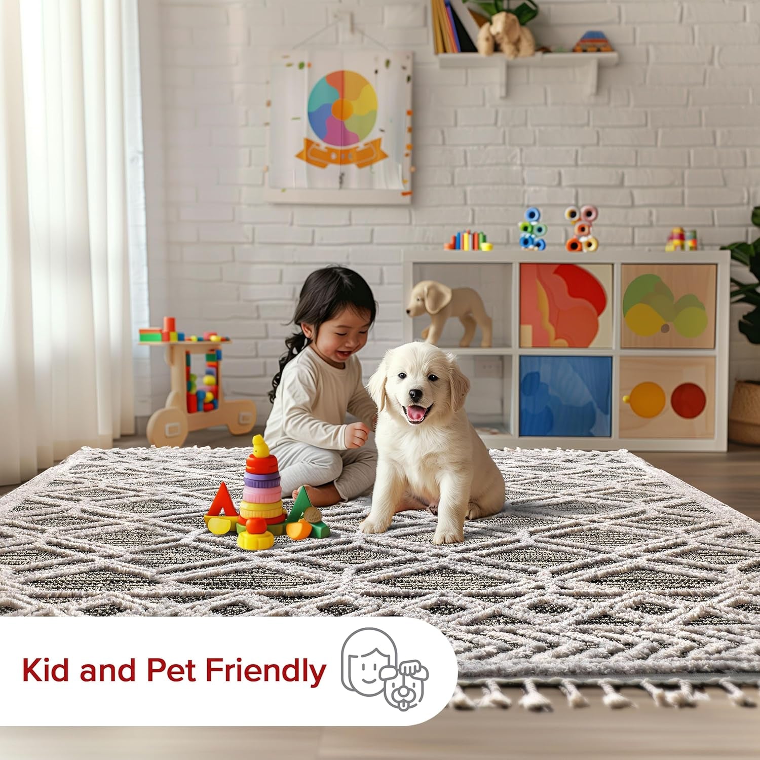 9X12 Ansley Moroccan Tassel Area Rug, Grey, High-Low Textured Bohemian Design, Plush High Pile, Stain Resistant, for Bedroom, Living Room, Hallway, Entryway