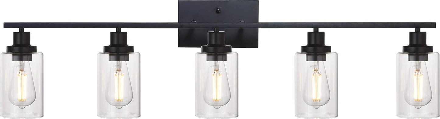 40 Inches Length 5-Light Bathroom Vanity Light Fixtures Black Industrial Wall Sconce Lighting with Clear Glass Shade for Living Room Bedroom Hallway Kitchen (Patent No.: US D963914 S)