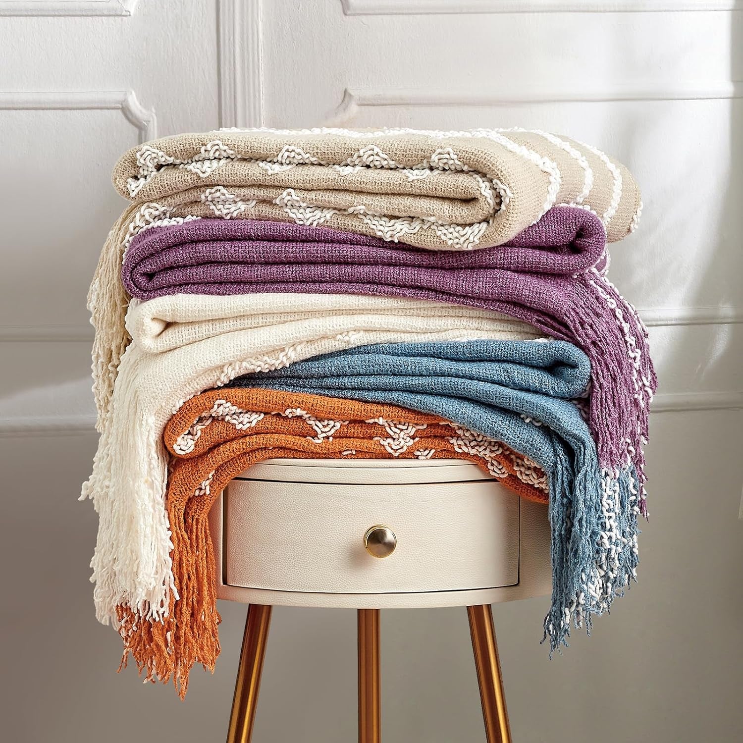 Fluffy Chenille Knitted Fringe Throw Blanket Lightweight Soft Cozy for Bed Sofa Chair Throw Blankets, off White 50" X 60"