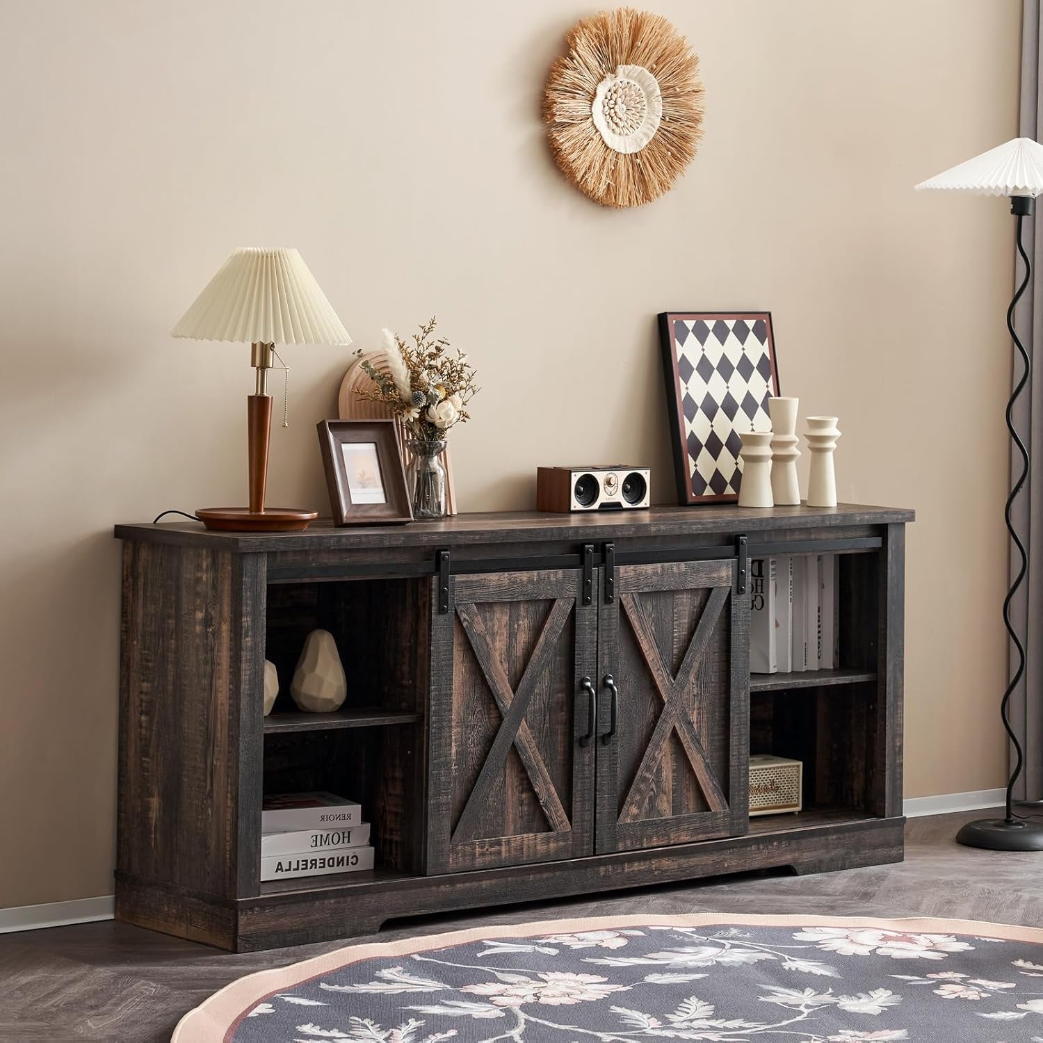 66" Farmhouse TV Stand for 75 Inches Tvs, Entertainment Center with Sliding Barn Door and Adjustable Shelf & Feet, Console Table with Storage, Dark Rustic Oak