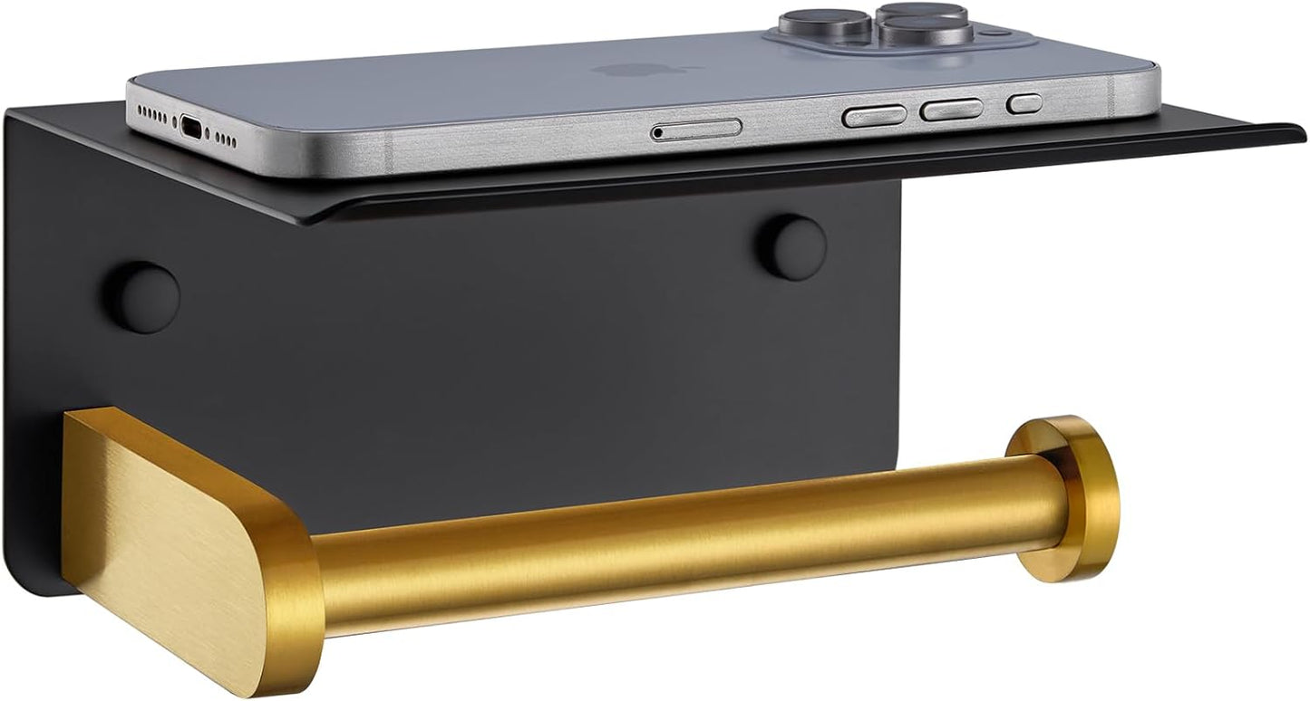 Black Gold Toilet Paper Holder with Phone Shelf, 304 Stainless Steel Bathroom Paper Holder Wall Mounted, Heavy Duty Tissue Roll Dispenser