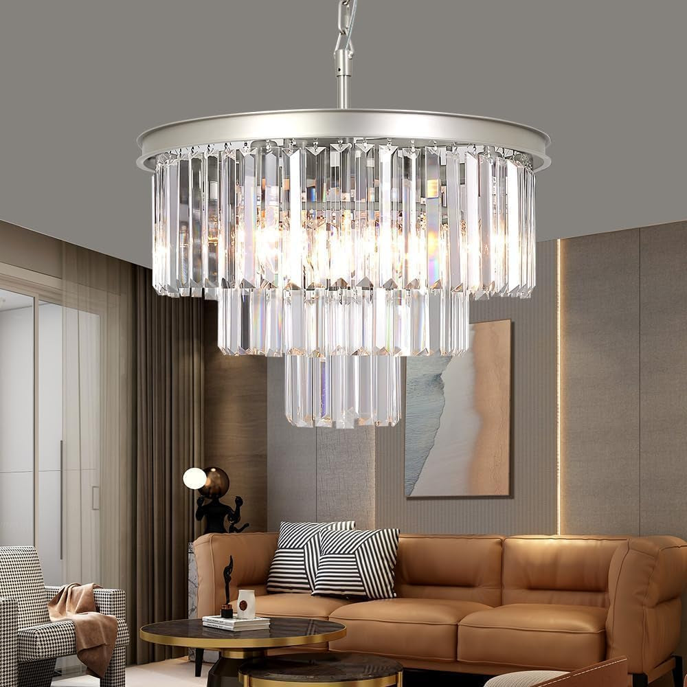 Crystal Nickel Modern Chandeliers Lights Vintage Pendant Ceiling Light Traditional Chandelier Lighting Fixture 3-Tier for Dining Room Living Room Kitchen Island Bedroom Entryway