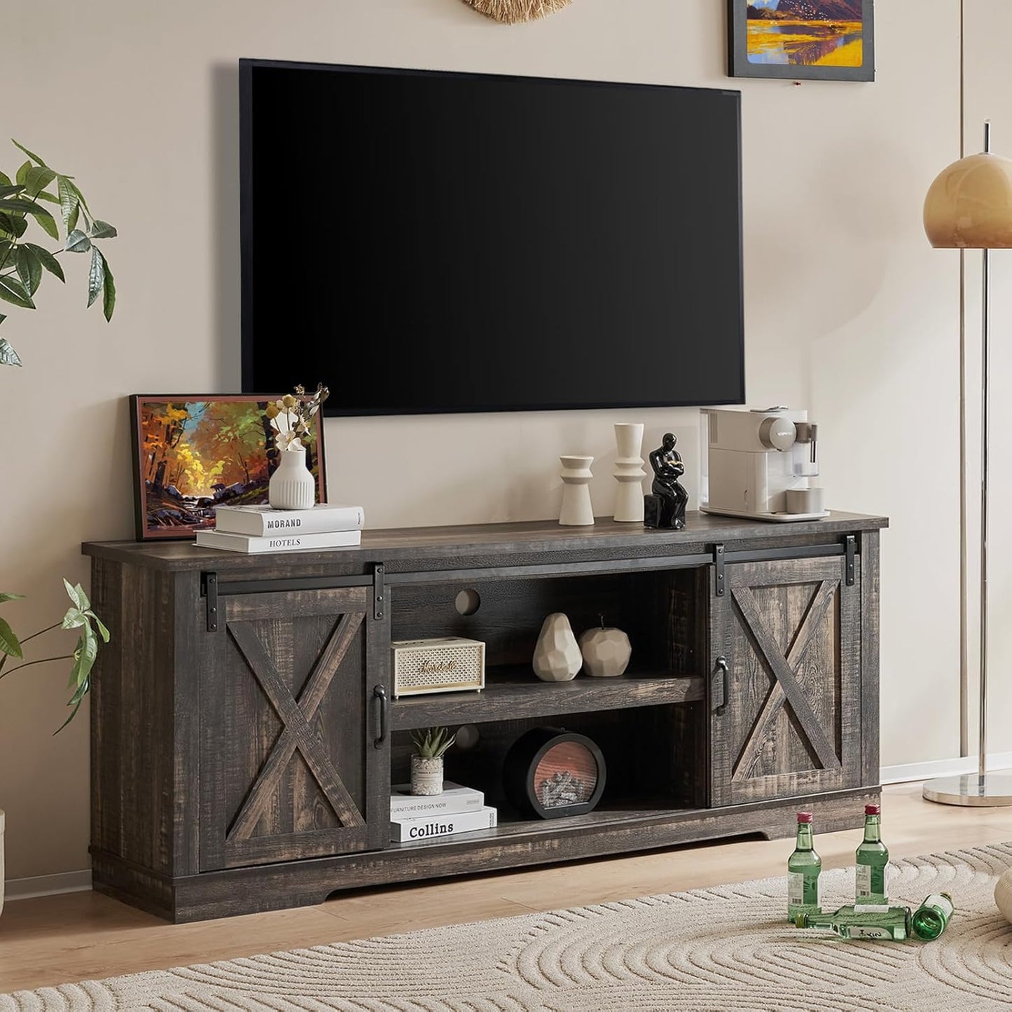 66" Farmhouse TV Stand for 75 Inches Tvs, Entertainment Center with Sliding Barn Door and Adjustable Shelf & Feet, Console Table with Storage, Dark Rustic Oak