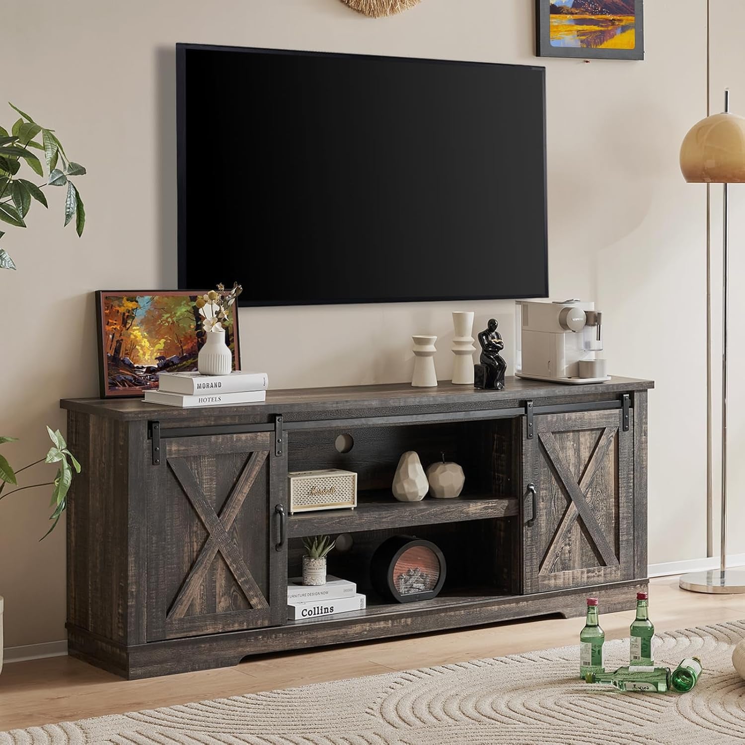 66" Farmhouse TV Stand for 75 Inches Tvs, Entertainment Center with Sliding Barn Door and Adjustable Shelf & Feet, Console Table with Storage, Dark Rustic Oak