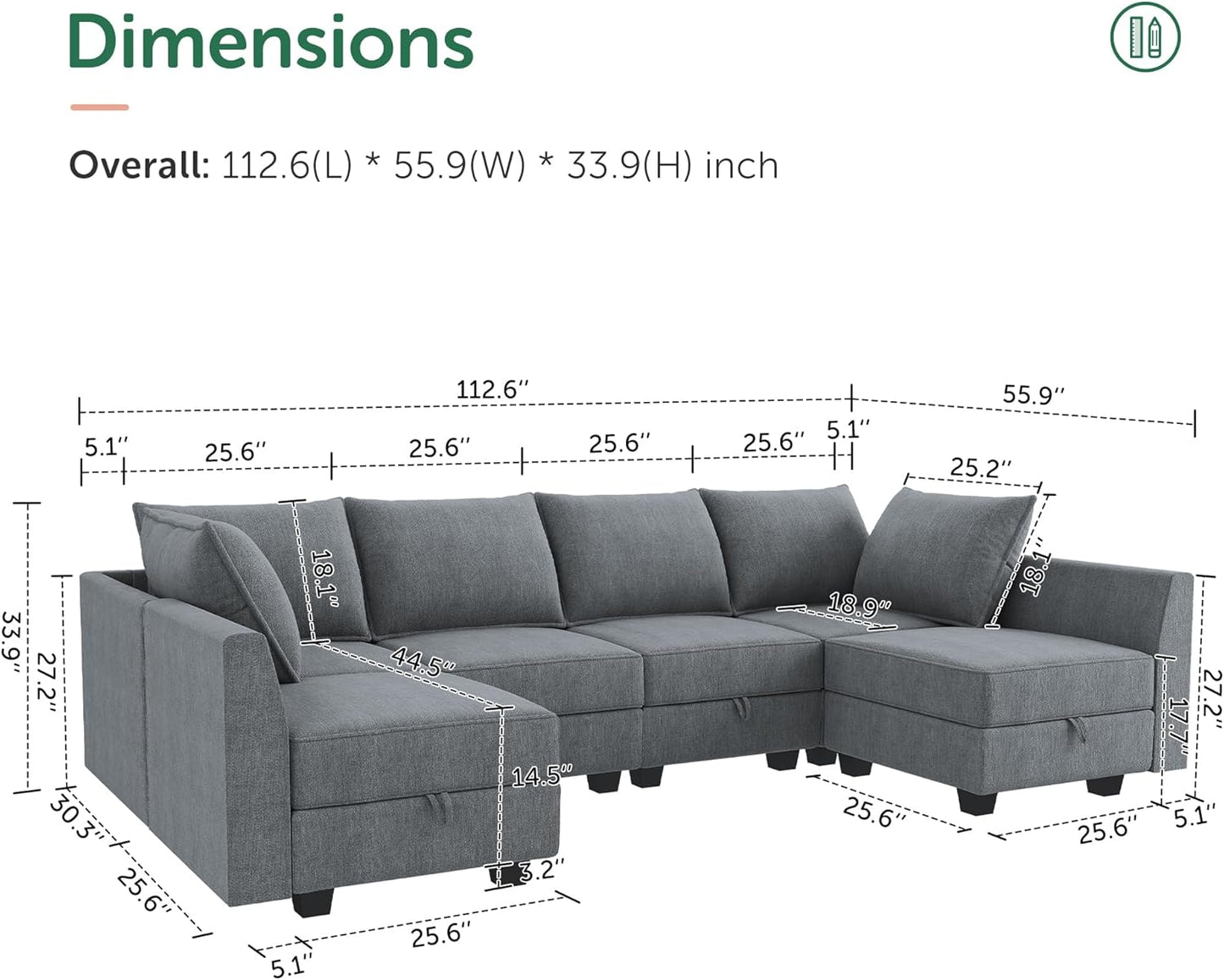 Modular Sectional Couch U-Shaped Modular Sofa, Sectional Couch with Storage Seats Convertible Sofa for Living Room, Bluish Grey