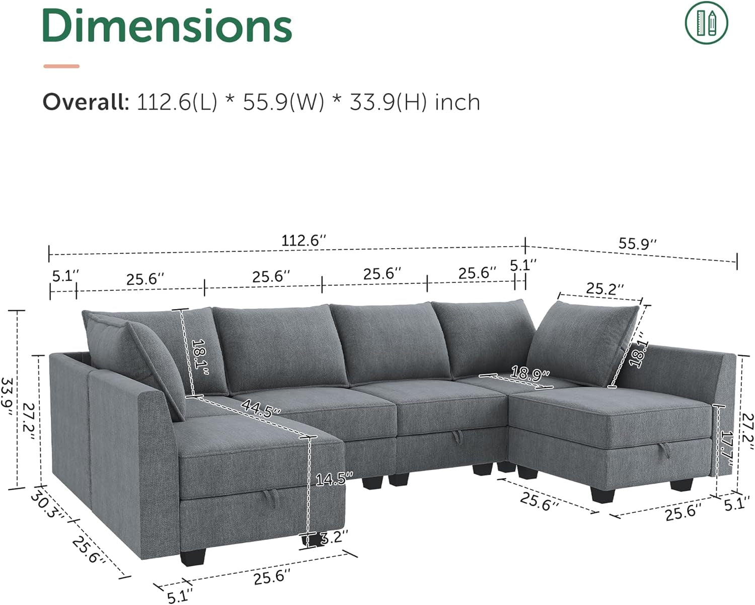 Modular Sectional Couch U-Shaped Modular Sofa, Sectional Couch with Storage Seats Convertible Sofa for Living Room, Bluish Grey