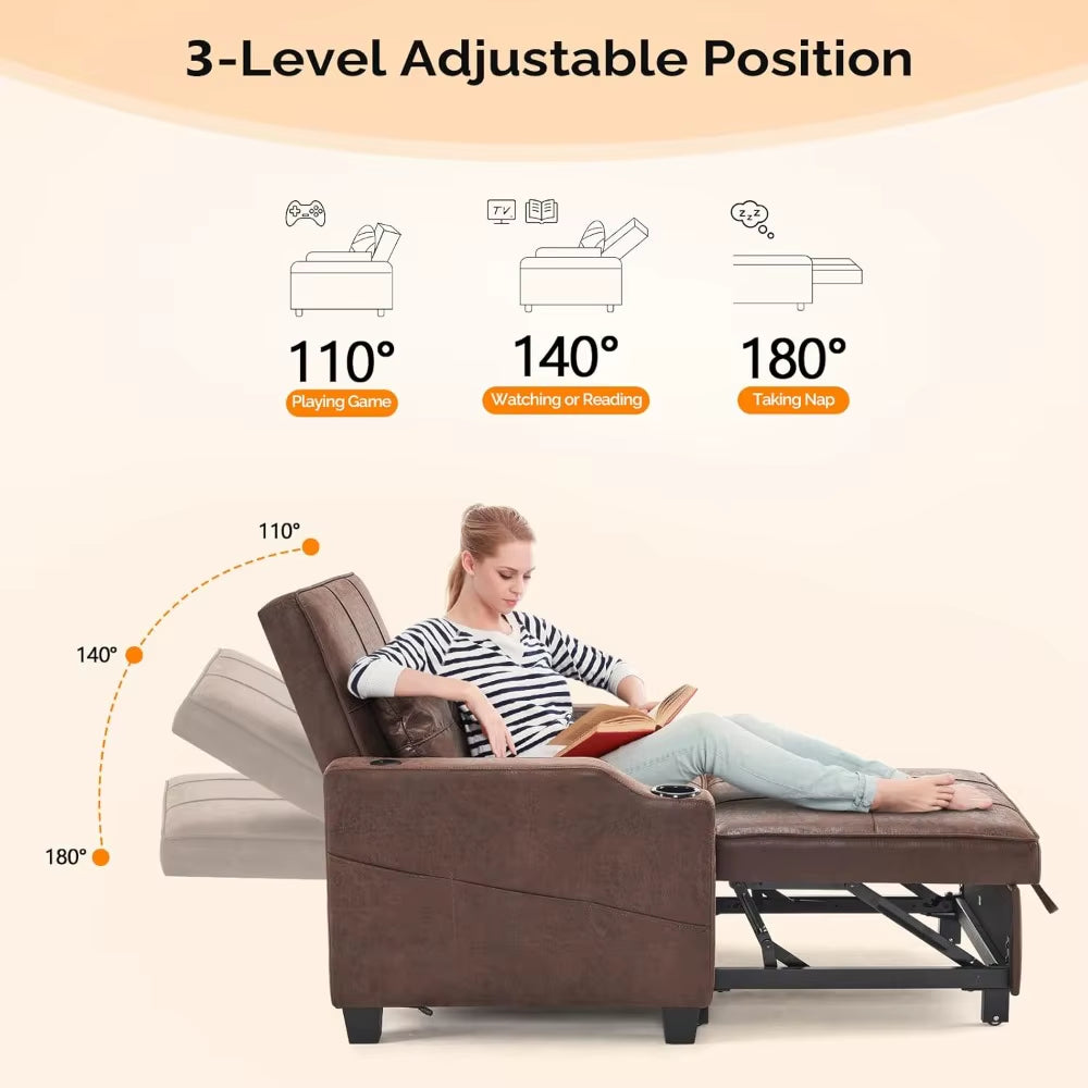 Sofa Bed Chair Recliner, 3-In-1 Convertible Sleeper Sofa Chair Bed Rustic Daybed Pull Out Couch Bed - NEW