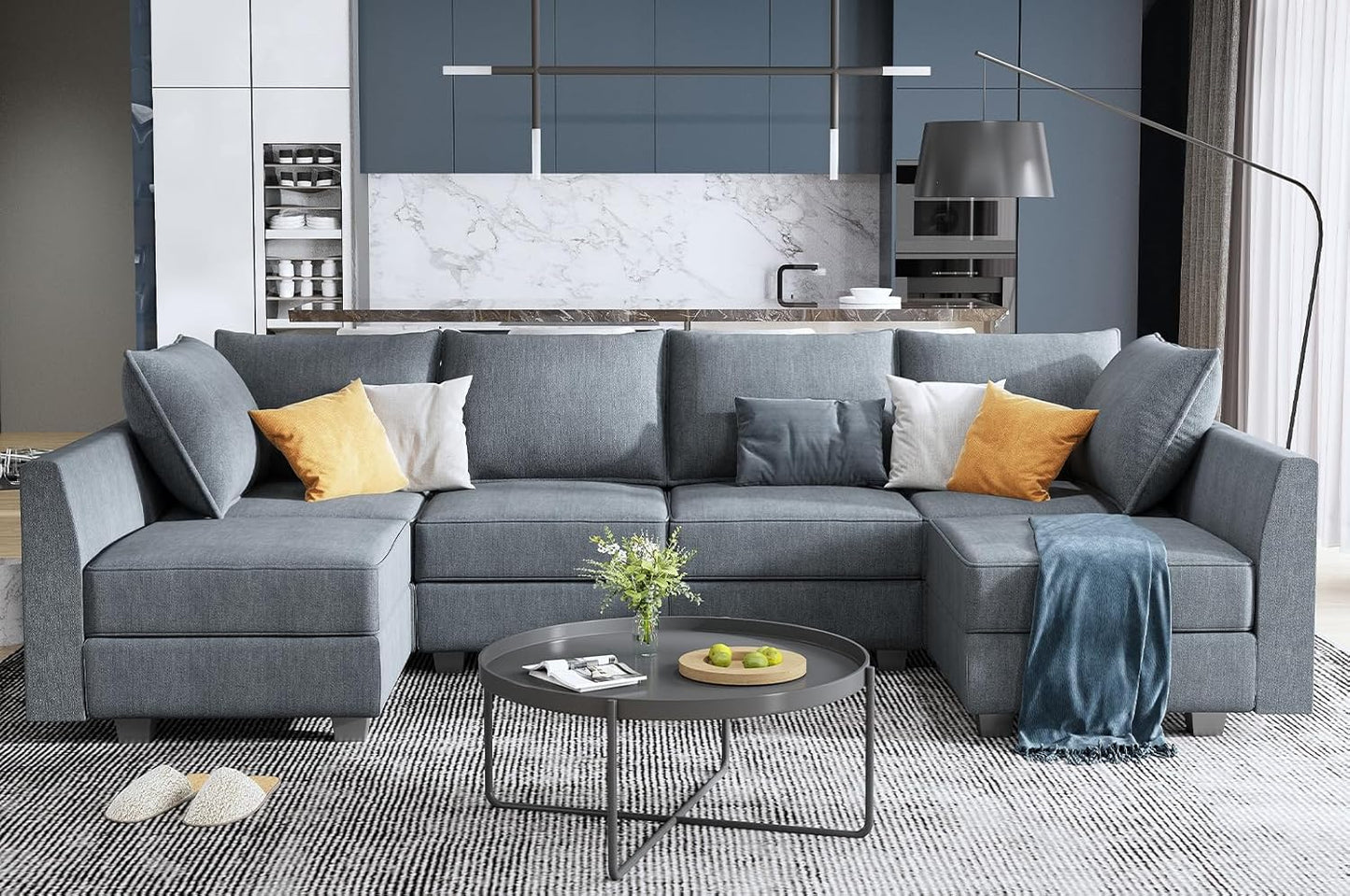 Modular Sectional Couch U-Shaped Modular Sofa, Sectional Couch with Storage Seats Convertible Sofa for Living Room, Bluish Grey