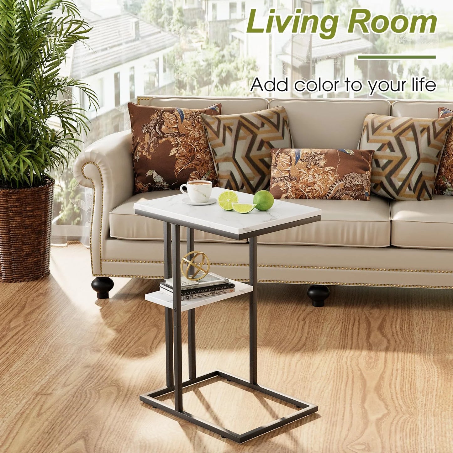 Easy Paws C Shaped End Table,Small Side Table for Couch and Bed, Gold Snack Couch Table for Small Spaces, Living Room, Bedroom,Bedside (White Marble)