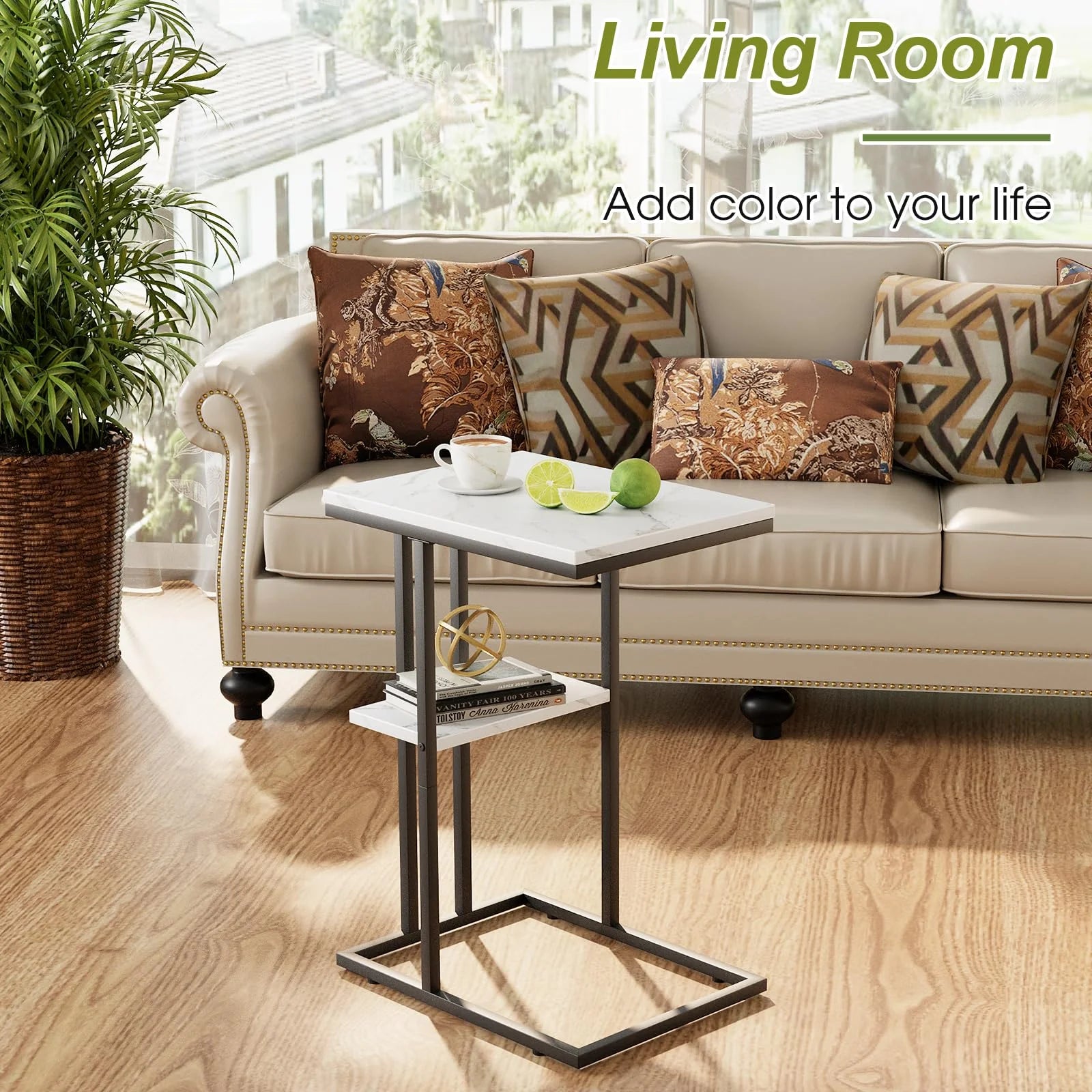 Easy Paws C Shaped End Table,Small Side Table for Couch and Bed, Gold Snack Couch Table for Small Spaces, Living Room, Bedroom,Bedside (White Marble)