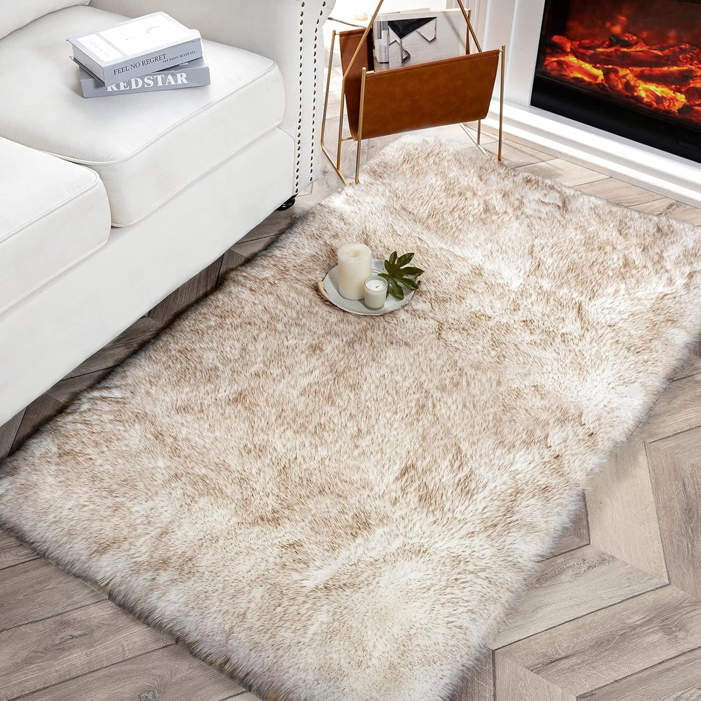Faux Fur Rug, Fluffy Soft Faux Fox Fur Area Rugs for Bedroom Livingroom Kids Room Decor, Shaggy Fur Rugs Anti-Skid, White Brown, 3 X 5 Feet Rectangle