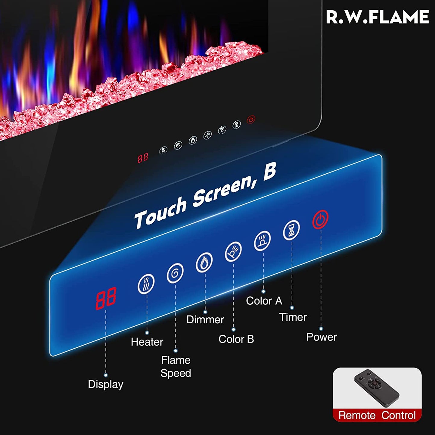 68 Inch Recessed and Wall Mounted Electric Fireplace, Ultra Thin and Low Noise,Fit for 2 X 6 Stud, Remote Control with Timer,Touch Screen,Adjustable Flame Color and Speed