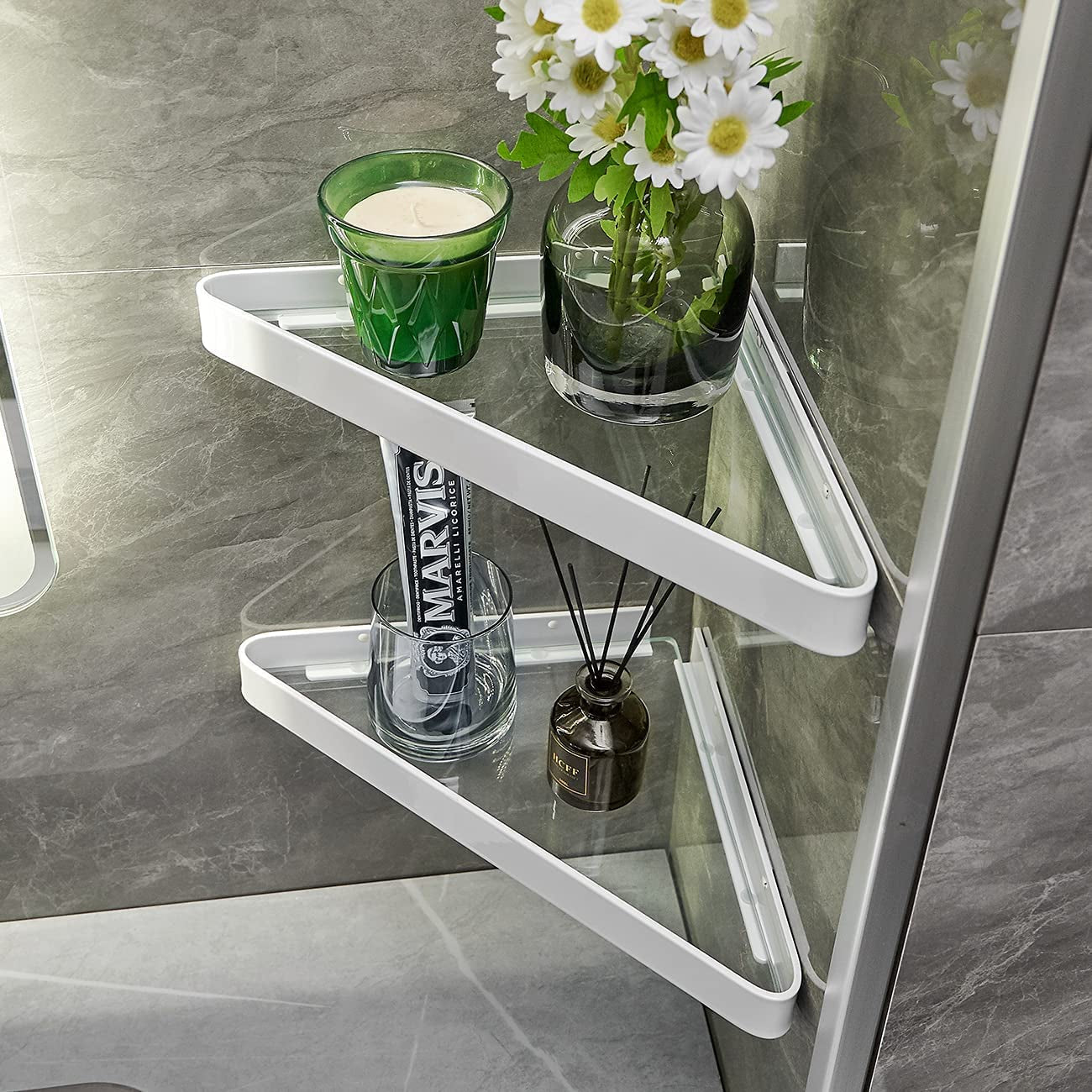 Bathroom Shelves Wall Mounted Glass Corner Shelf for Bathroom Floating Shelf Tempered Glass Wall Organizer 2-Tier(White)