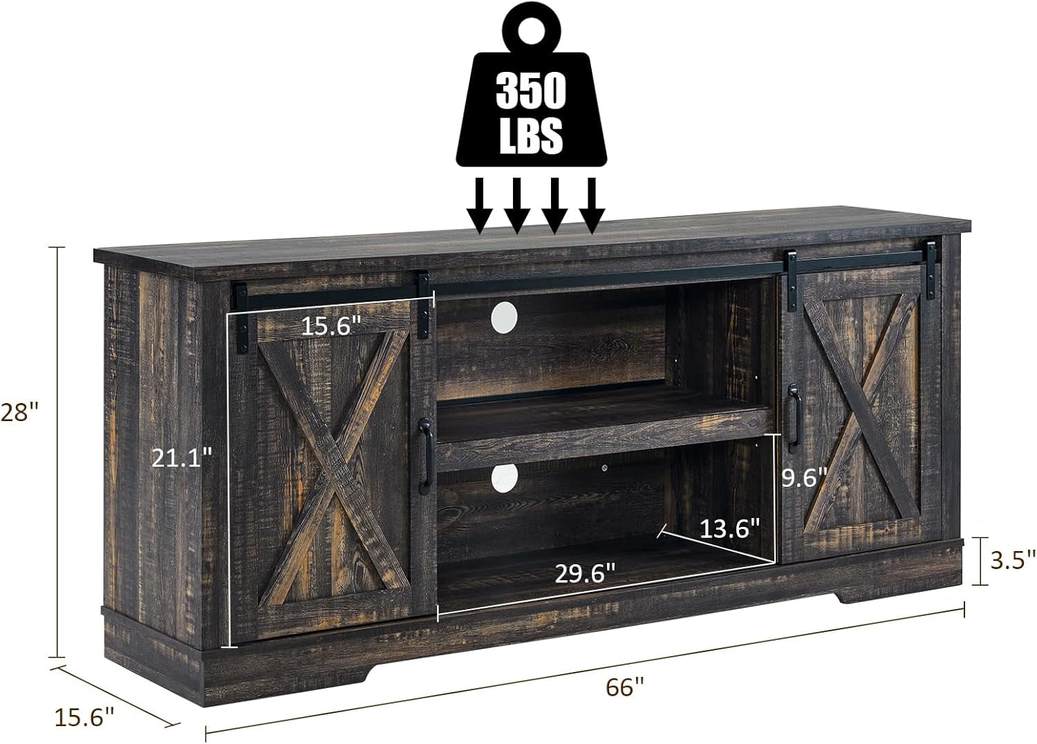 66" Farmhouse TV Stand for 75 Inches Tvs, Entertainment Center with Sliding Barn Door and Adjustable Shelf & Feet, Console Table with Storage, Dark Rustic Oak