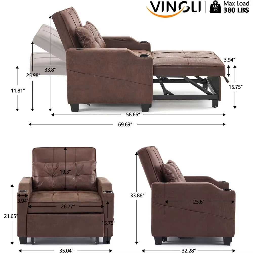 Sofa Bed Chair Recliner, 3-In-1 Convertible Sleeper Sofa Chair Bed Rustic Daybed Pull Out Couch Bed - NEW
