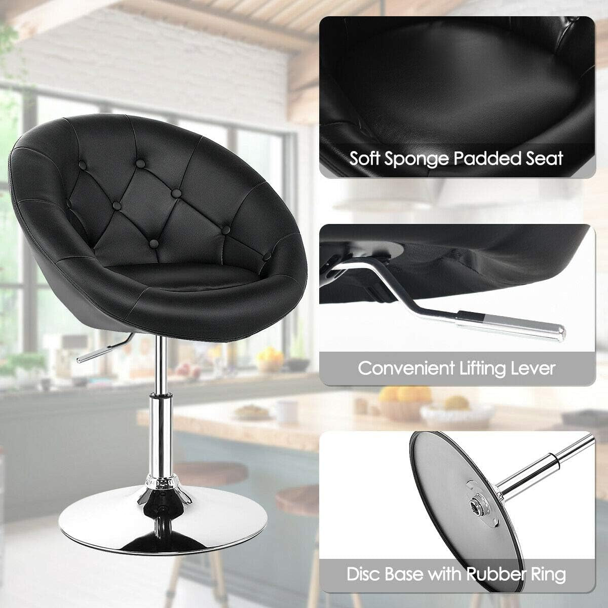 Vanity Chair, Swivel Bar Stools with Chrome Frame & Tufted Round-Back, Height Adjustable Makeup Chair Modern Accent Chair for Makeup Room, Living Room, Bedroom, Black