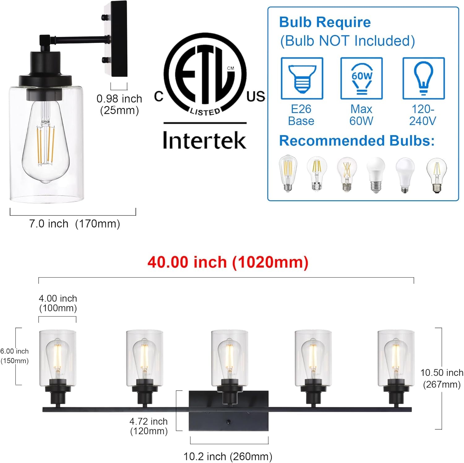 40 Inches Length 5-Light Bathroom Vanity Light Fixtures Black Industrial Wall Sconce Lighting with Clear Glass Shade for Living Room Bedroom Hallway Kitchen (Patent No.: US D963914 S)