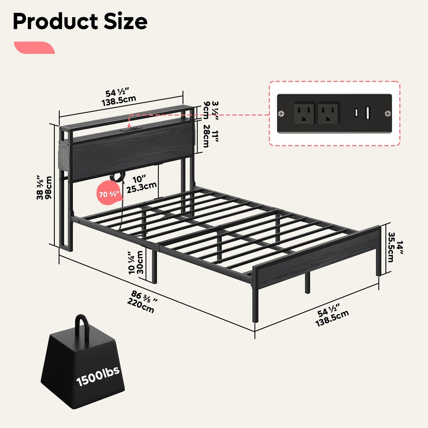 Full Size Bed Frame with Charging Station and 2 USB Ports and Outlets,Led Light Storage Headboard,Noise Free Design, Black