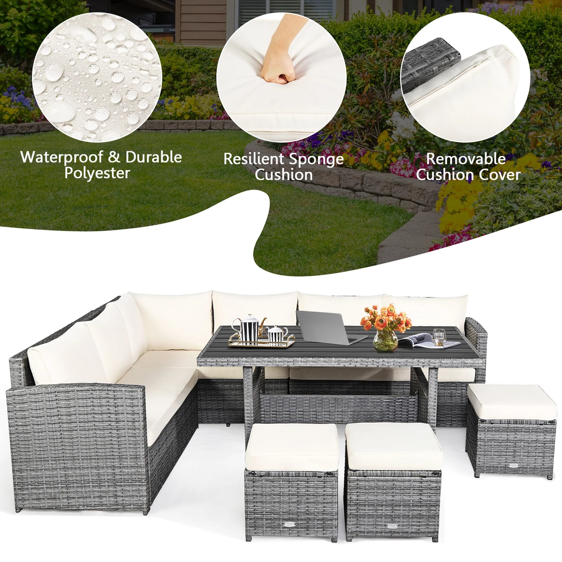 7PCS Rattan Patio Sectional Sofa Set Conversation Set W/ White Cushions