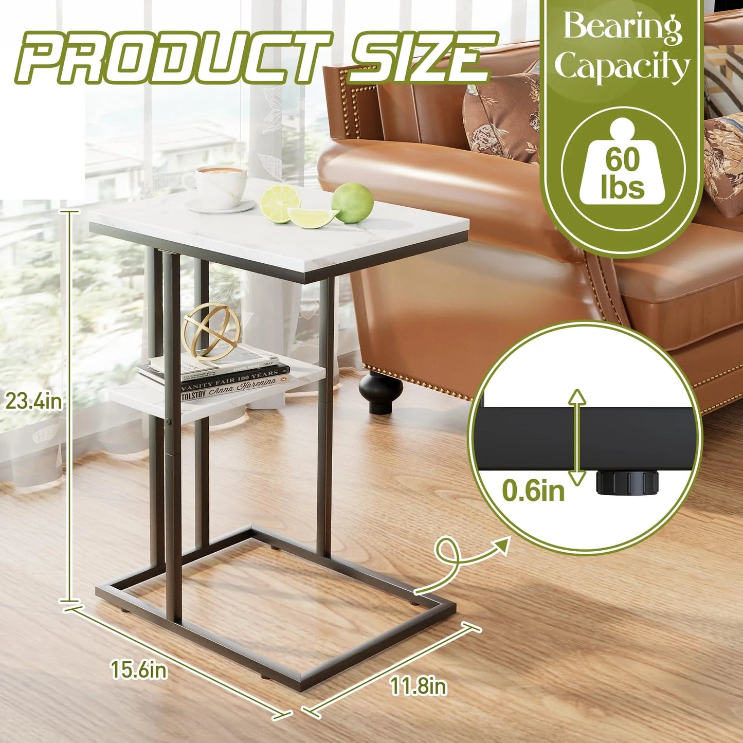 Easy Paws C Shaped End Table,Small Side Table for Couch and Bed, Gold Snack Couch Table for Small Spaces, Living Room, Bedroom,Bedside (White Marble)