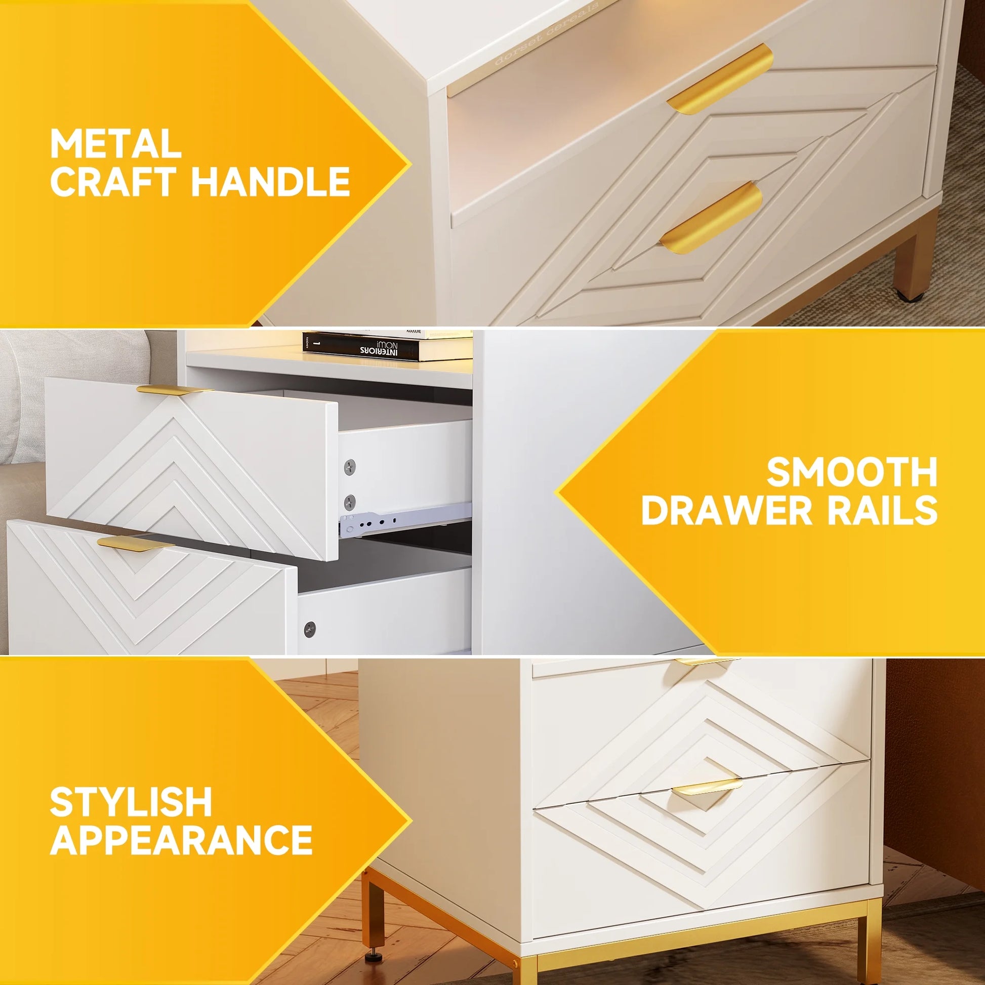 LED Nightstand with 2 Drawers, Charging Station, White Modern Night Table High Gloss End Side Table for Bedroom