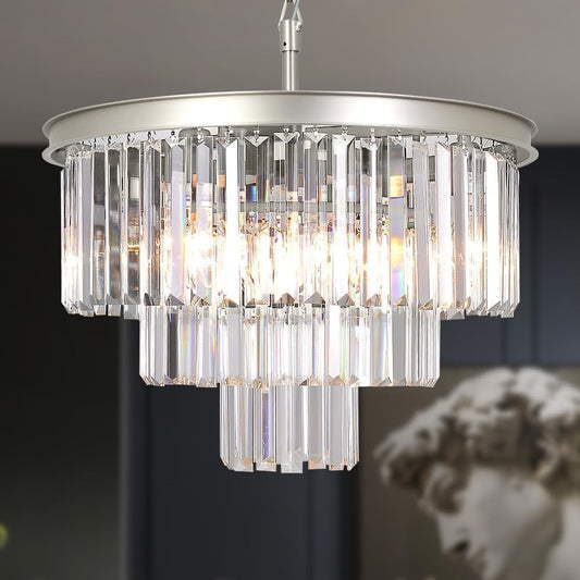 Crystal Nickel Modern Chandeliers Lights Vintage Pendant Ceiling Light Traditional Chandelier Lighting Fixture 3-Tier for Dining Room Living Room Kitchen Island Bedroom Entryway
