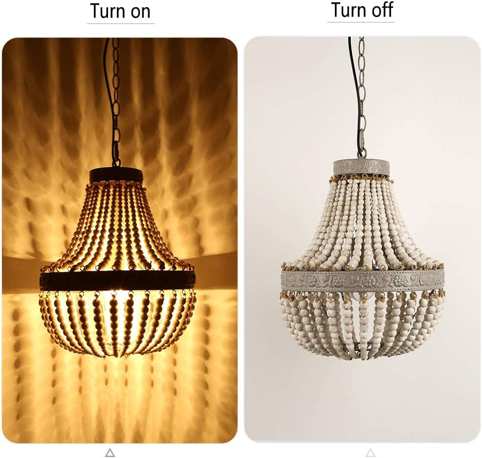 Wood Bead Chandelier Pendant Gray White Finishing Bohemian Boho Beachy Ceiling Lamp Light Fixtures (13.8 In*16.5In-Plug In)