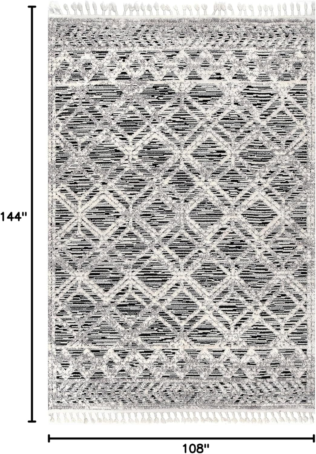 9X12 Ansley Moroccan Tassel Area Rug, Grey, High-Low Textured Bohemian Design, Plush High Pile, Stain Resistant, for Bedroom, Living Room, Hallway, Entryway