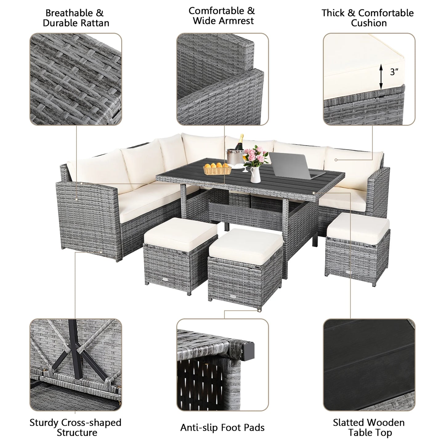 7PCS Rattan Patio Sectional Sofa Set Conversation Set W/ White Cushions