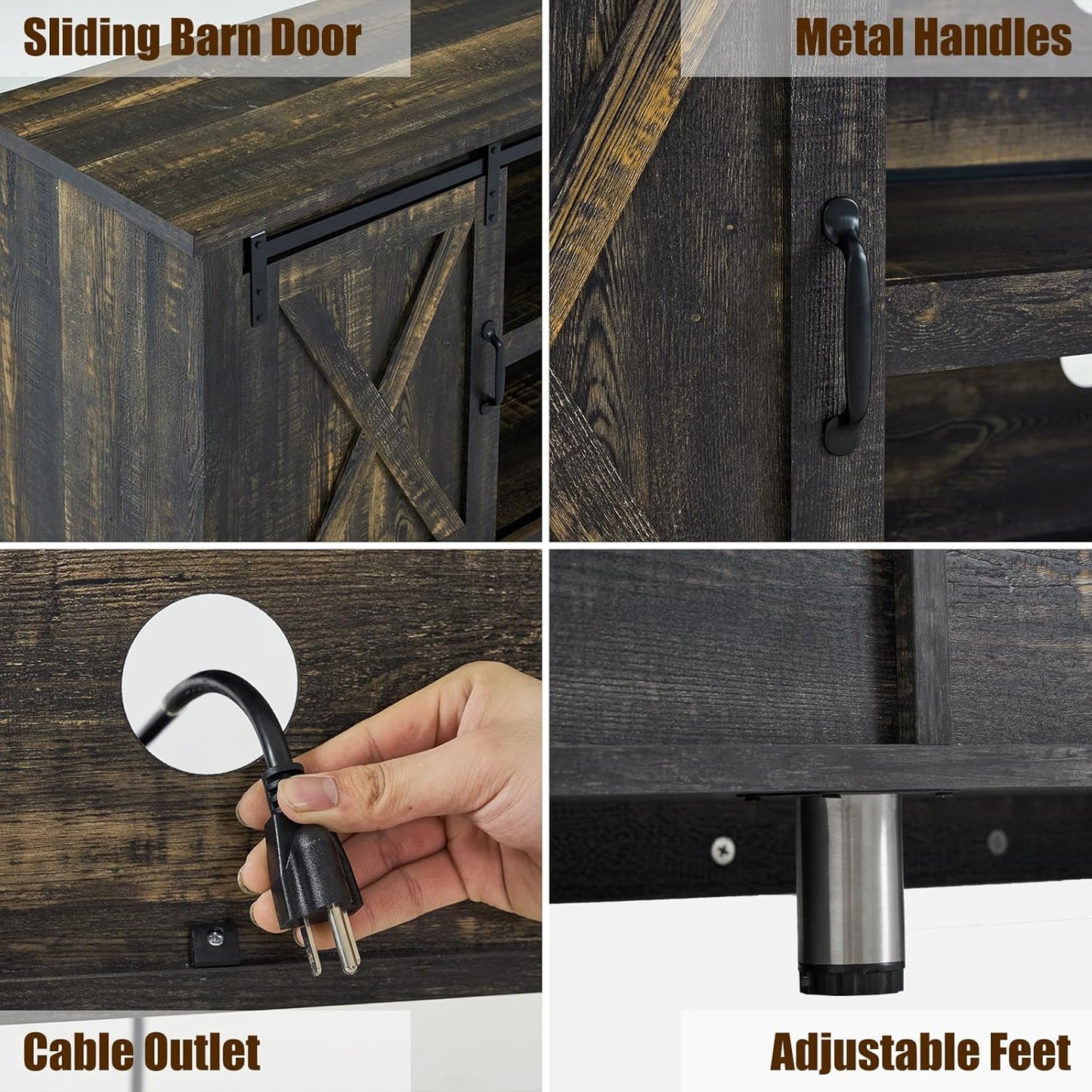 66" Farmhouse TV Stand for 75 Inches Tvs, Entertainment Center with Sliding Barn Door and Adjustable Shelf & Feet, Console Table with Storage, Dark Rustic Oak