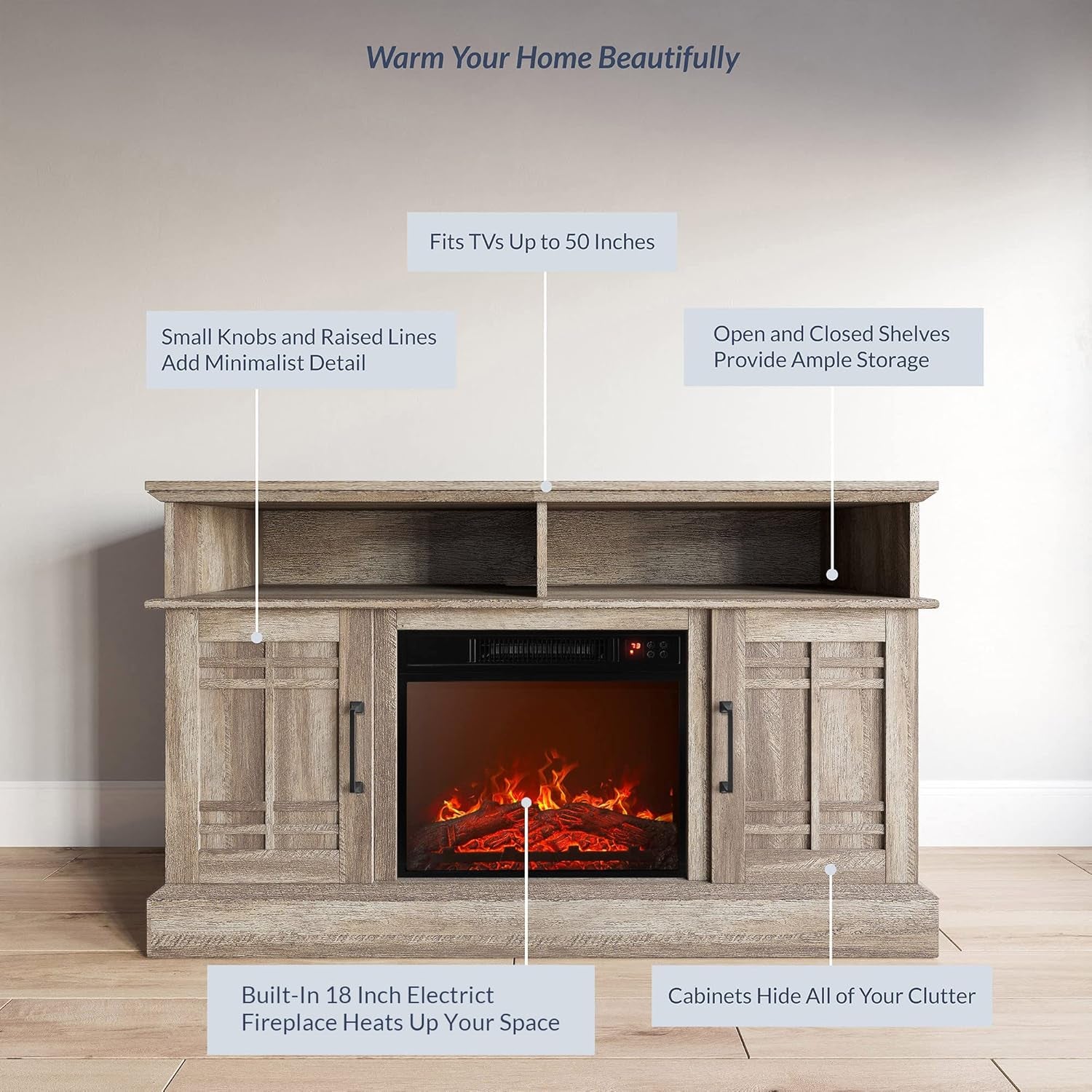 48" TV Stand with 18" Electric Fireplace Heater, Modern TV Stand for Tvs up to 50", Entertainment Media Stand with Open Shelves and Storage Cabinets for Living Room, Bedroom (Ashland Pine)