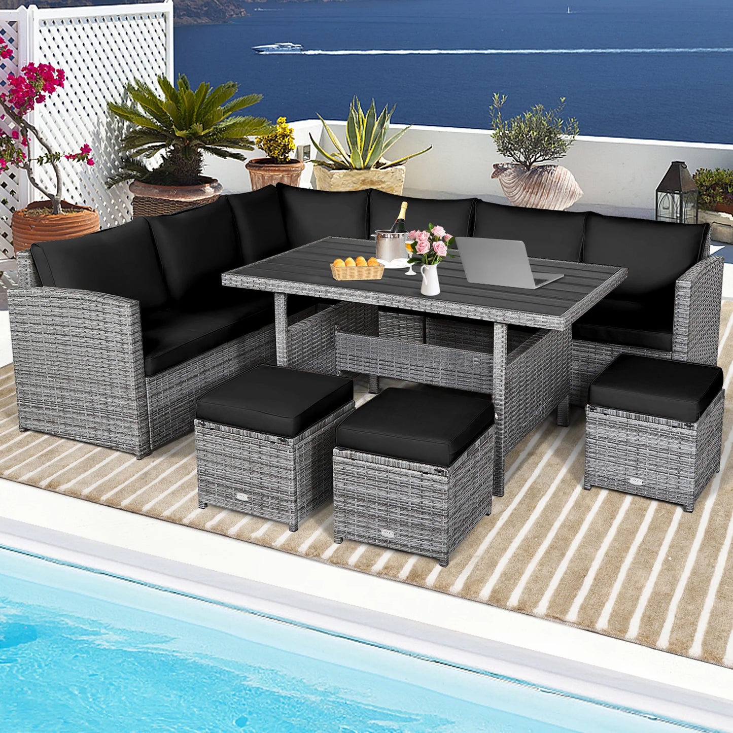 7PCS Rattan Patio Sectional Sofa Set Conversation Set W/ Black Cushions